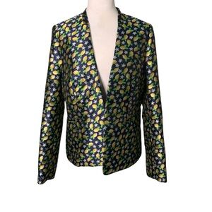 J. Crew Women’s 10 Tall Shiny Navy & Yellow Open Front Lemon Print Blazer Jacket